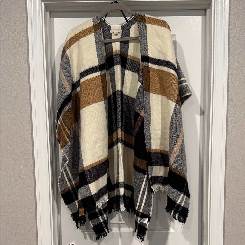 LOFT Plaid Wrap Ruana in Cream, Brown & Gray
